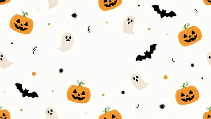 Fototapeta premium Halloween Seamless Pattern with Pumpkins, Ghosts and Bats