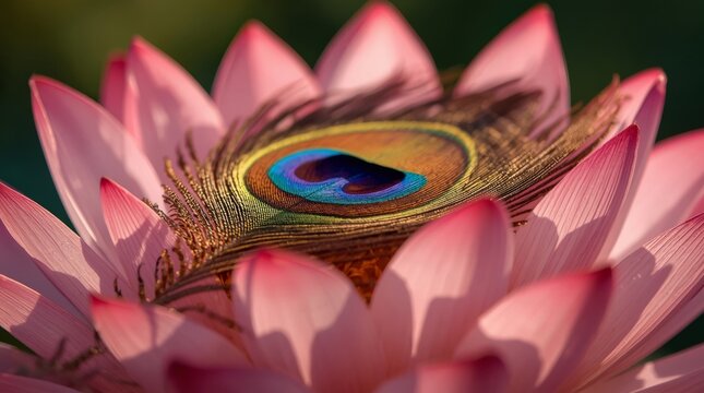 Glowing feather nestled within delicate pink and white lotus petals under soft natural light