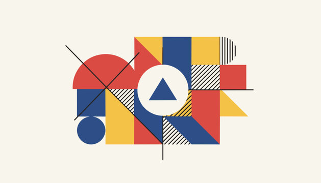 Abstract geometric composition in Bauhaus style featuring colorful circles, triangles, and lines on beige background.