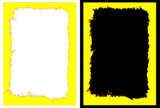 Grunge yellow border set with torn edges, distressed frame templates on white and black backgrounds, textured graphic design elements
