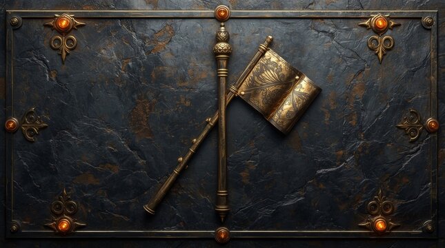 Antique brass musical instrument and ornate flag mounted on dark textured metal shield with metallic