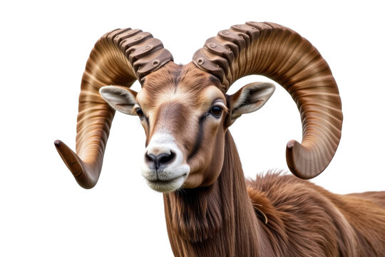 Majestic brown ram with large, curved horns