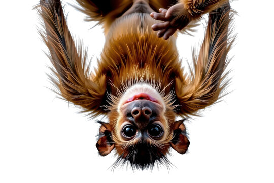 Inverted monkey hangs upside down, eyes wide open