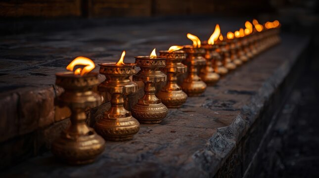 Elegant brass oil lamps aligned on ancient stone steps glowing warmly in serene evening light