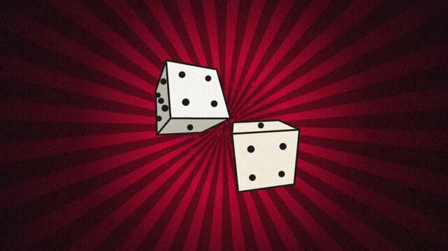 Rolling dice animation on red sunburst background, casino gambling and, luck concept