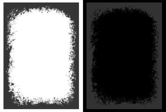 Grunge border texture overlay, distressed black and white photo frame, vintage vignette mask for graphic design