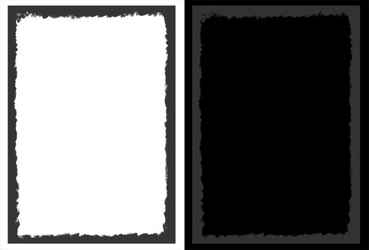 Grunge border photo frames, distressed edge overlay textures, vintage black and white frame set for graphic design
