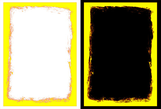 Grunge border frames set, distressed yellow and black textured borders, vintage photo frame templates for graphic design