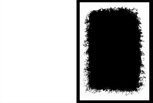 Grunge black border mask on white background, distressed photo frame overlay, vintage textured vignette template for graphic design