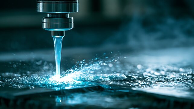 Industrial water jet cutter sprays high pressure stream, isolated on transparent background. Concept for precision manufacturing and advanced metal cutting technology.