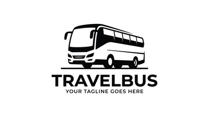 Obraz premium Modern coach bus vector logo design featuring clean black lines on a solid white background