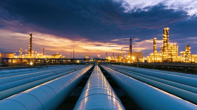 Industrial oil and gas pipelines lead toward a massive brightly lit refinery at sunset. This scene depicts energy infrastructure and global fuel distribution concepts.