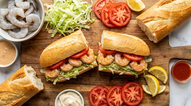 Two fresh shrimp sandwiches on a wooden cutting board with sliced tomatoes lettuce and lemon wedges. shrimp po boy