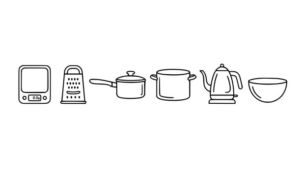 kitchen, cooking, appliances, tools, utensils, scale, grater, pot, kettle, saucepan, bowl, cookware, culinary, food, recipe, baking, measuring, weighing, beverage, equipment, outline, monoline, contin