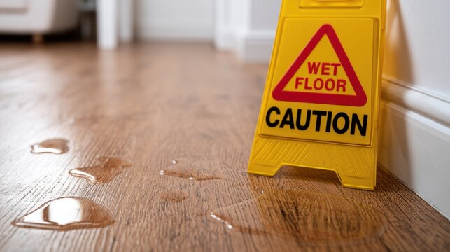 Yellow caution wet floor sign placed on wet hardwood floor with water puddles.