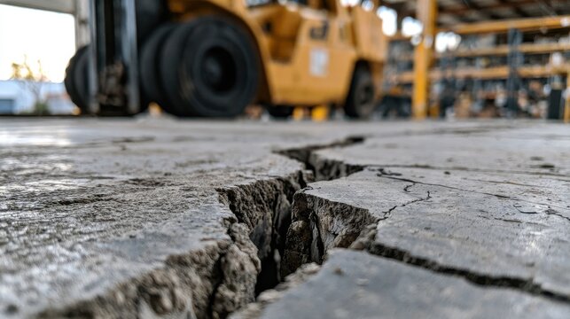 Deep cracks in a concrete warehouse floor are visible with a forklift in the background. This image illustrates structural damage and industrial facility maintenance issues.