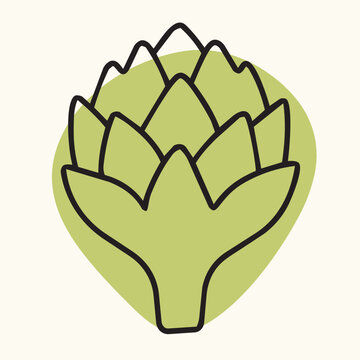Minimalist artichoke vegetable line art vector illustration. Flat cartoon food icon with abstract green shape background isolated element
