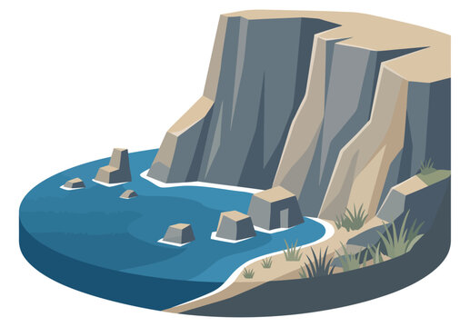 Coastal cliff vector illustration with ocean water and rocky beach landscape icon