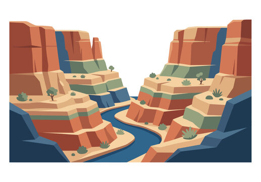 A stylized vector illustration of a winding river cutting through a deep desert canyon.