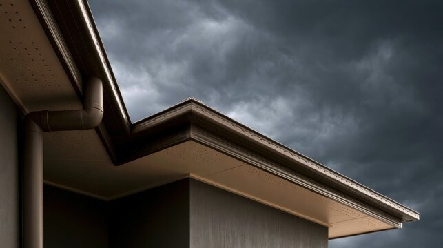 House roof gutter and downspout under a dark stormy sky. Ideal for home insurance and storm protection concepts.