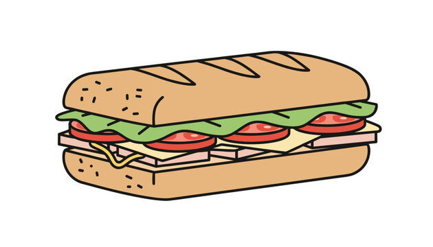 Delicious long baguette sub sandwich with layers of lettuce, tomato, cheese, and ham vector illustration.