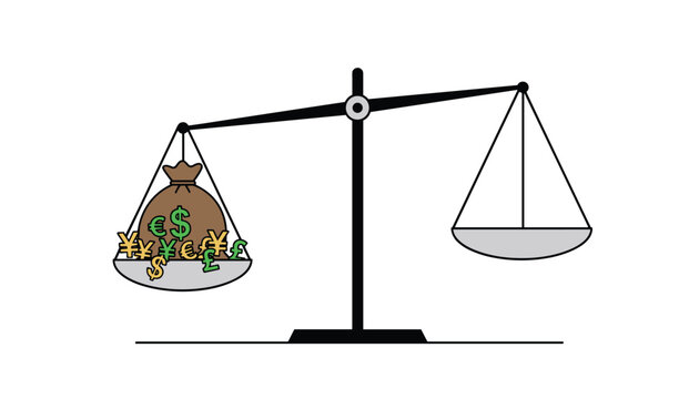 Balance scale tipped down by a heavy brown bag of money filled with global currency symbols illustrating financial inequality.