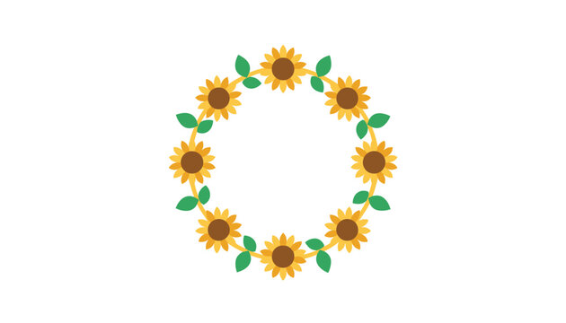 Round decorative floral wreath composed of bright yellow sunflowers and lush green leaves on a white background.