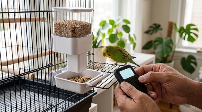 digital pet food timer concept. Person holding a remote control near a small bird in a cage indoors.