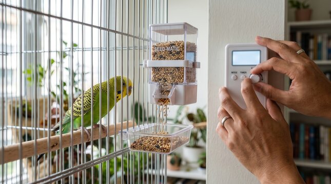 digital pet food timer concept. Person adjusting thermostat with a caged bird and plants in the background