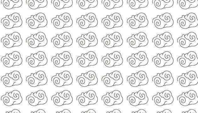 Minimalist seamless repeating pattern of hand drawn spiral clouds in black outline on a white background.