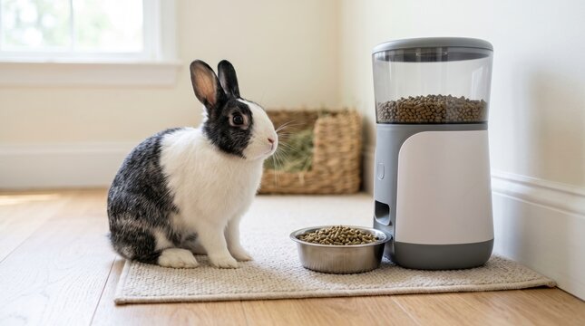 digital pet food timer concept. Rabbit sitting near automatic pet feeder filled with food on wooden floor
