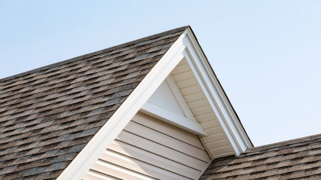 A close-up view of a new brown asphalt shingle roof on a residential home. Ideal for roofing repair, construction, and home improvement industry concepts.