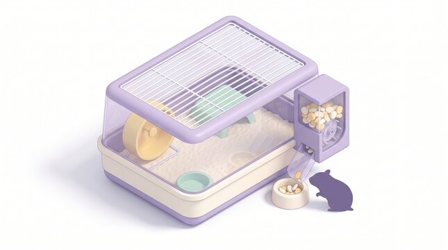 digital pet food timer concept. Illustration of a hamster cage with a wheel and food dispenser for a small pet.