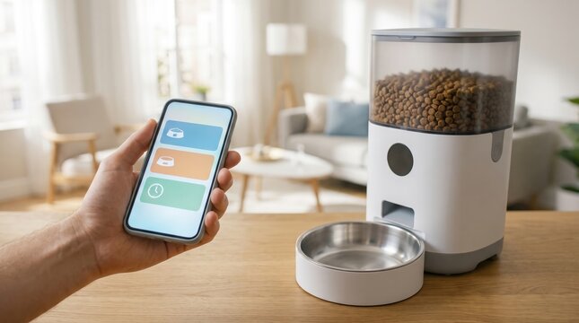 digital pet food timer concept. Smart pet feeder controlled remotely via smartphone in a modern living room.