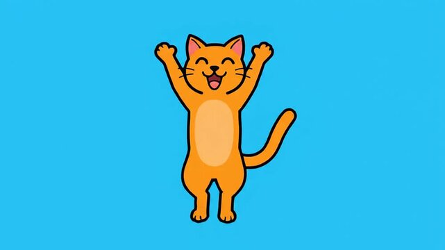 Cheerful animated orange cat character dancing with raised arms on solid blue background for playful video content motion graphics flat design loopable motion sequence
