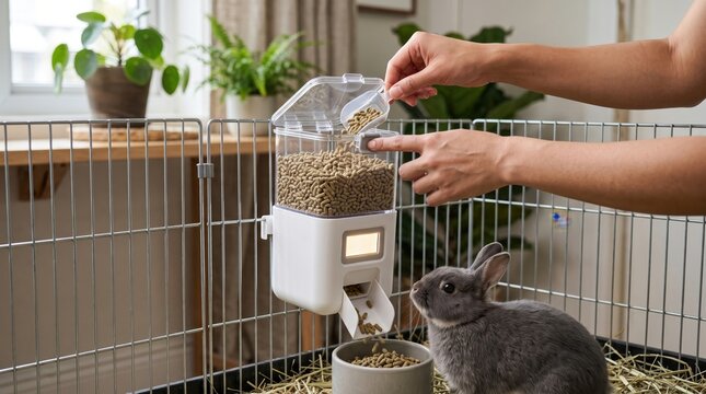 digital pet food timer concept. Person refilling a clear dispenser with pellets for a gray rabbit in a cage