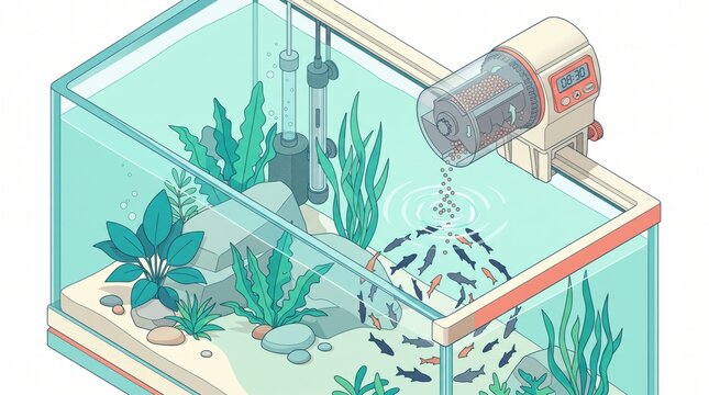 digital pet food timer concept. Aquarium with plants and fish being fed by an automatic fish feeder.