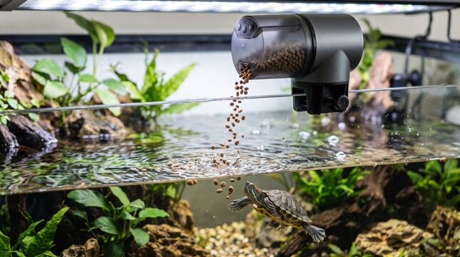 digital pet food timer concept. Aquarium with fish feeder dispensing food and aquatic plants inside.