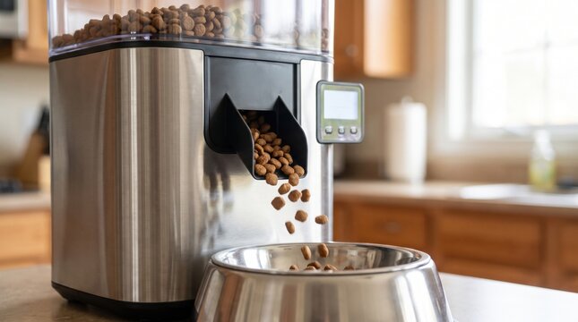 digital pet food timer concept. Automatic pet feeder dispensing dry kibble into a metal dog bowl on kitchen counter