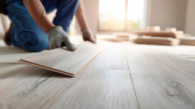 A construction worker installing light oak laminate wood flooring in a bright room. Home improvement and professional renovation concept for DIY interior design.