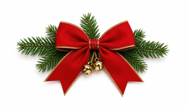  festive red bow with gold trim, adorned with three small golden bells, is attached to green pine branches on a white background.