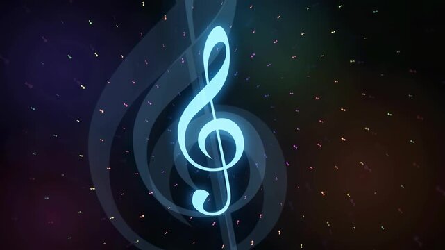 Abstract glowing musical treble clef symbol changing colors against a dark starry cosmic background