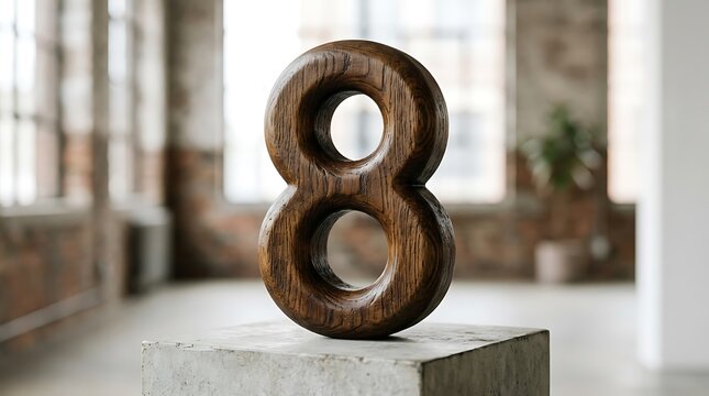 A textured number eight sign with rustic brown patterns standing on a concrete block in a bright room