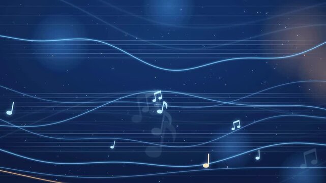 Abstract blue background with flowing musical notes and glowing wave lines for audio concepts