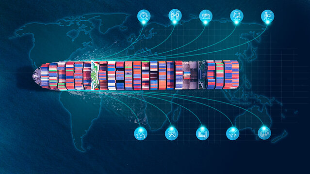 Aerial top view containers ship cargo business commercial logistic and transportation international import export by container freight cargo ship in the open seaport show ocean network on map	
