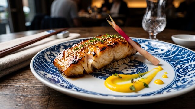 Delicious Grilled Salmon Fillet with Savory Sauce and Pickled Radish Garnish on Blue Pattern Plate