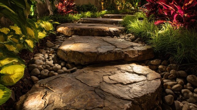 Lit stone stepping path winding through a lush tropical garden at night. Perfect for landscape architecture design and tranquil backyard inspiration.