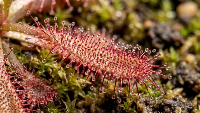 Extreme macro of sticky red tentacles on a carnivorous sundew plant