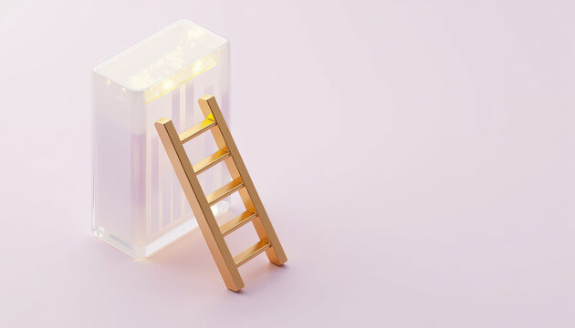 Golden ladder leaning on glass bar chart block on pink background for business growth and career success concept