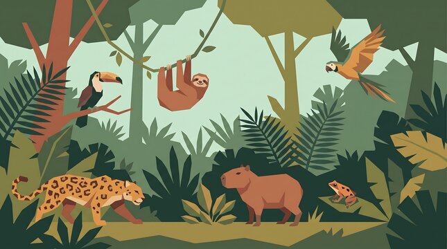 Tropical rainforest landscape with wild animals like jaguar, sloth, toucan and capybara.